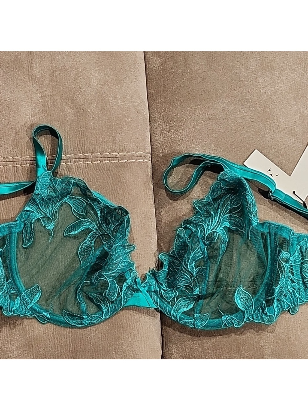 Fleur du Mal Teal Sheer Floral Embroidered Underwire Bra